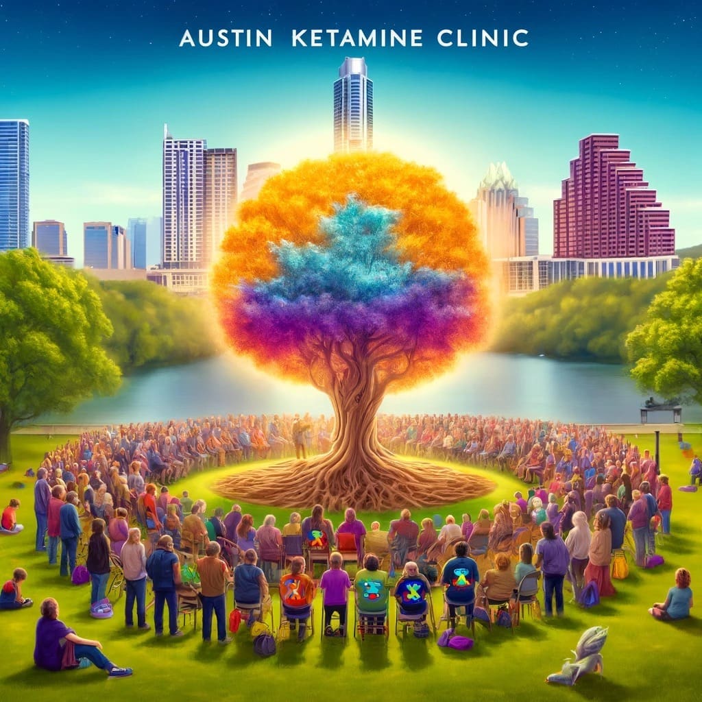 People in unity, holding hands surrounding a colorful tree